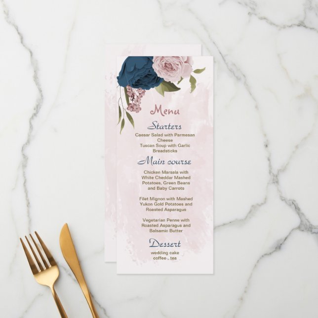 Pink & navy flowers botanical wedding  menu (Front/Back In Situ)