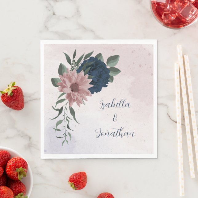 pink & navy flowers botanical wedding napkin (Insitu)
