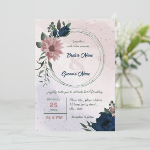 pink & navy flowers botanical wreath wedding invitation