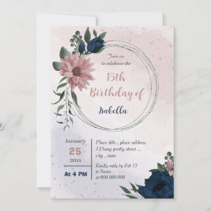 pink & navy flowers geometric birthday invitation