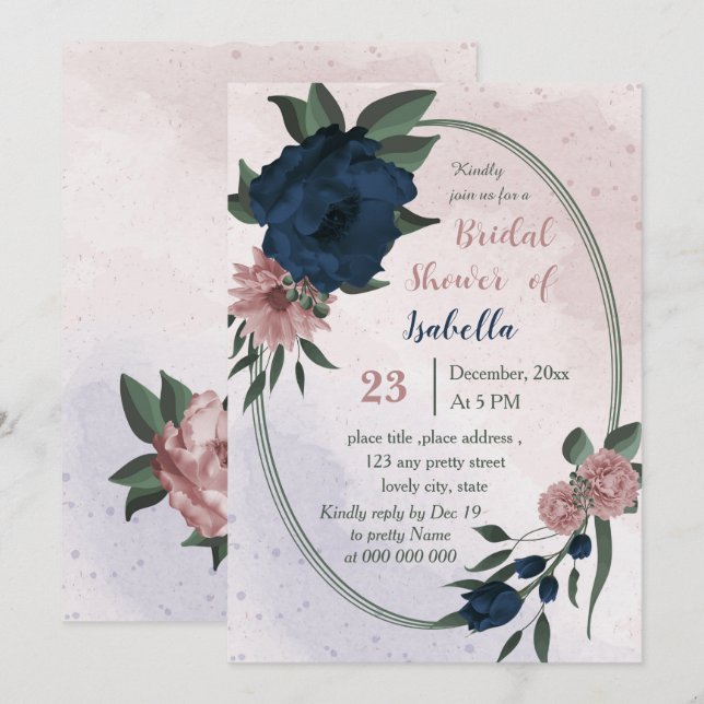 pink & navy flowers geometric bridal shower invitation (Front/Back)
