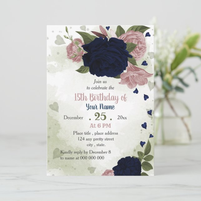 pink navy flowers greenery birthday party invitation (Standing Front)