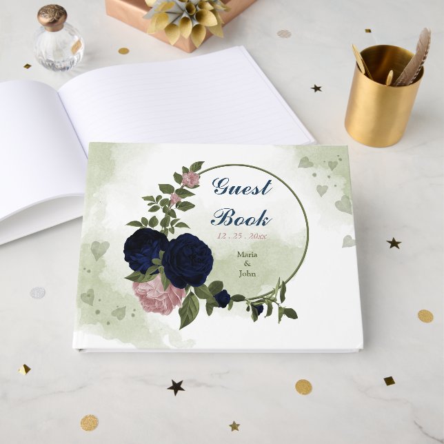 pink & navy flowers greenery guest book (Front Open)