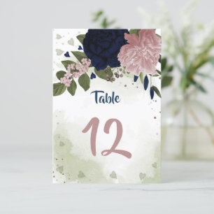 pink & navy flowers greenery table number