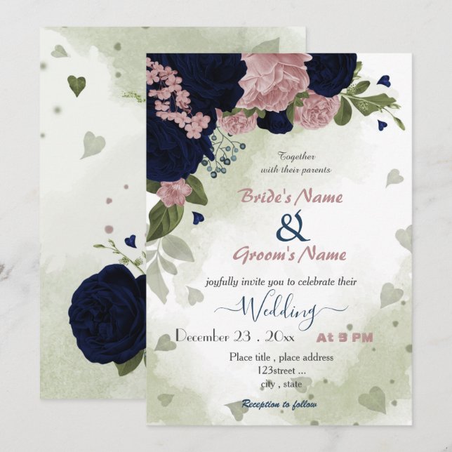 pink navy flowers greenery wedding invitation (Front/Back)