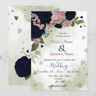 pink navy flowers greenery wedding invitation