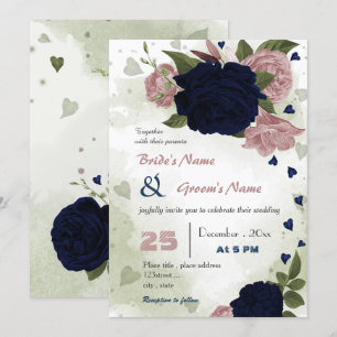 pink navy flowers greenery wedding invitation
