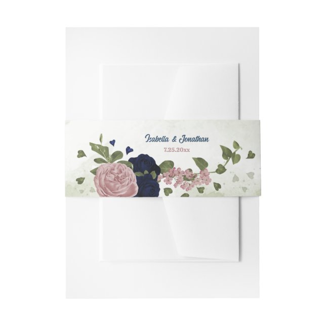 pink navy flowers greenery wedding  invitation belly band (Front Example)
