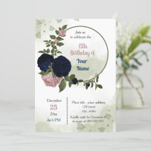 pink navy flowers greenery wreath birthday party invitation