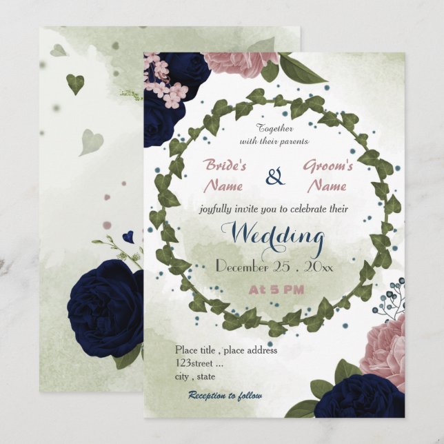pink navy flowers greenery wreath wedding invitation (Front/Back)