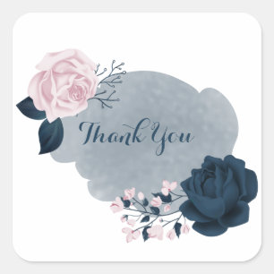 pink & navy flowers thank you classic round sticke square sticker