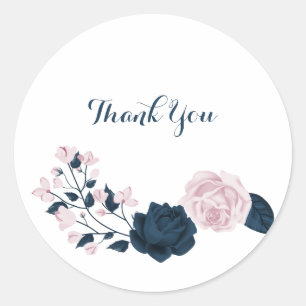 pink & navy flowers thank you classic round sticker