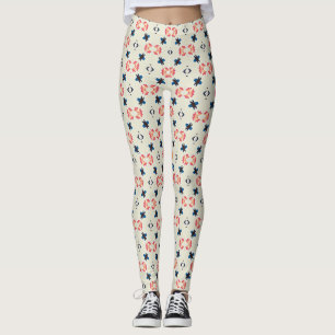 Pink Navy Folk Botanical Geometric Pattern Leggings