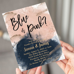 Pink & Navy Gender Reveal, Watercolor, Gold Invitation