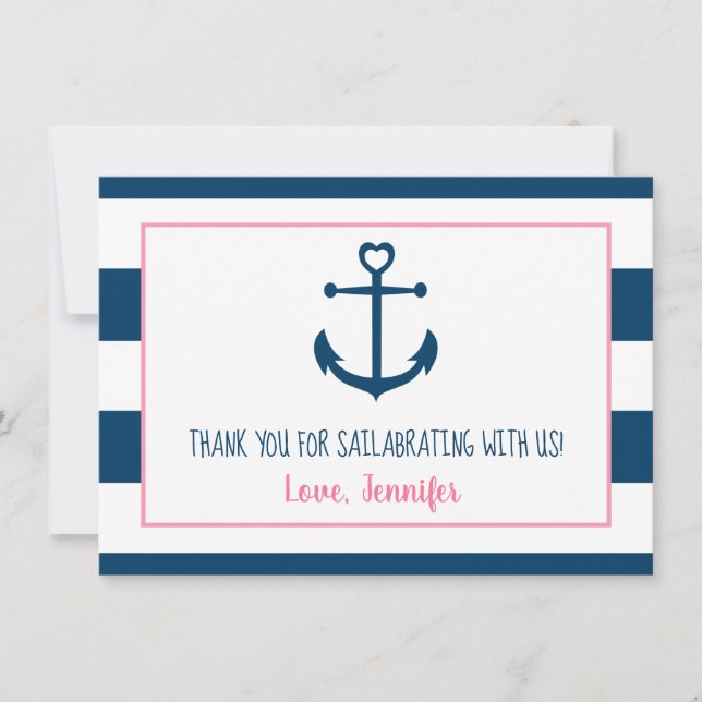 Pink Navy Girl Nautical Anchor Baby Shower Thank You Card (Front)