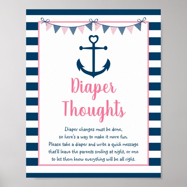 Pink Navy Girl Nautical Anchor Diaper Thoughts Poster (Front)