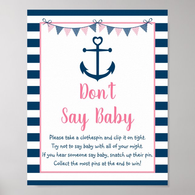Pink Navy Girl Nautical Anchor Don't Say Baby Game Poster (Front)