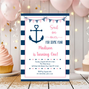 Pink Navy Girl Nautical Anchor First Birthday Invitation