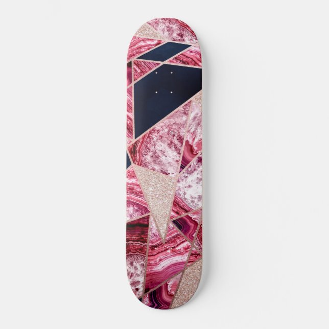 Pink Navy Glitter Agate Foil Geometric Triangles Skateboard (Front)