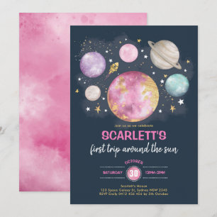 Pink Navy Gold Outer Space Galaxy Girl Birthday Invitation