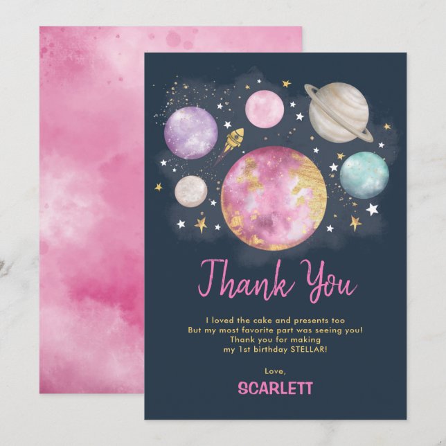 Pink Navy Gold Outer Space Galaxy Girl Birthday Thank You Card (Front/Back)