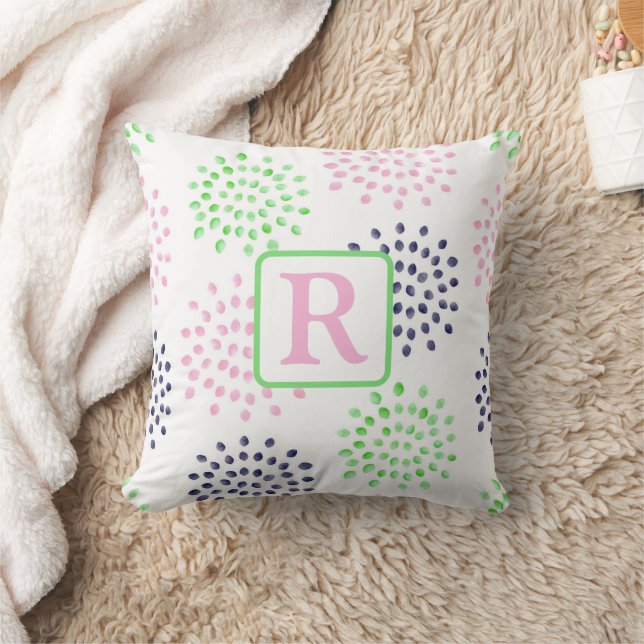 Pink Navy Green Flower Pattern Watercolor Monogram Cushion (Blanket)