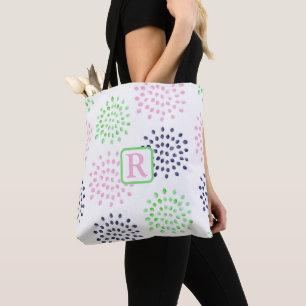 Pink Navy Green Flower Pattern Watercolor Monogram Tote Bag