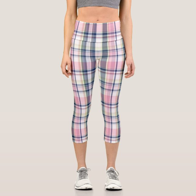 Pink Navy Green White Preppy Madras #3 Capri Leggings (Front)