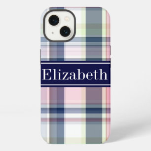 Pink Navy Green White Preppy Madras N Monogram iPhone 13 Case