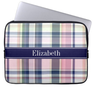 Pink Navy Green White Preppy Madras N Monogram Laptop Sleeve
