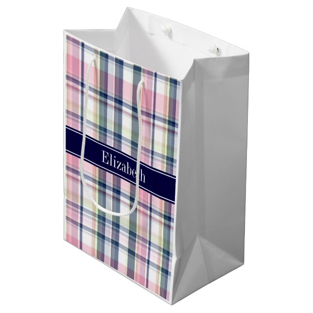 Pink Navy Green White Preppy Madras N Monogram Medium Gift Bag (Front Angled)