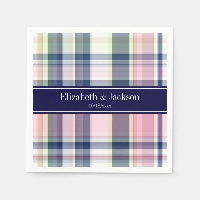 Pink Navy Green White Preppy Madras N Monogram Napkin (Front)