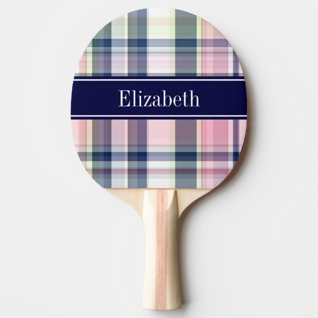 Pink Navy Green White Preppy Madras N Monogram Ping Pong Paddle (Front)