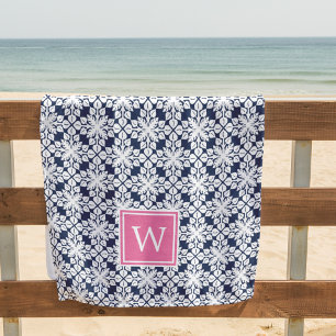 Pink & Navy Hawaiian Pattern Monogram Beach Towel