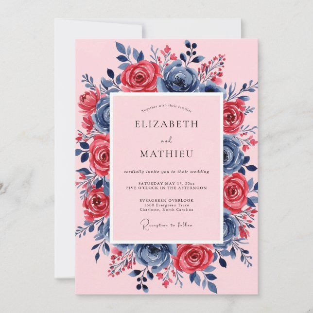Pink Navy Lush Spring Wedding Invitation (Front)