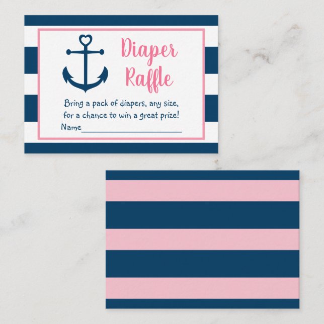 Pink Navy Nautical Anchor Baby Diaper Raffle Enclosure Card (Front/Back)