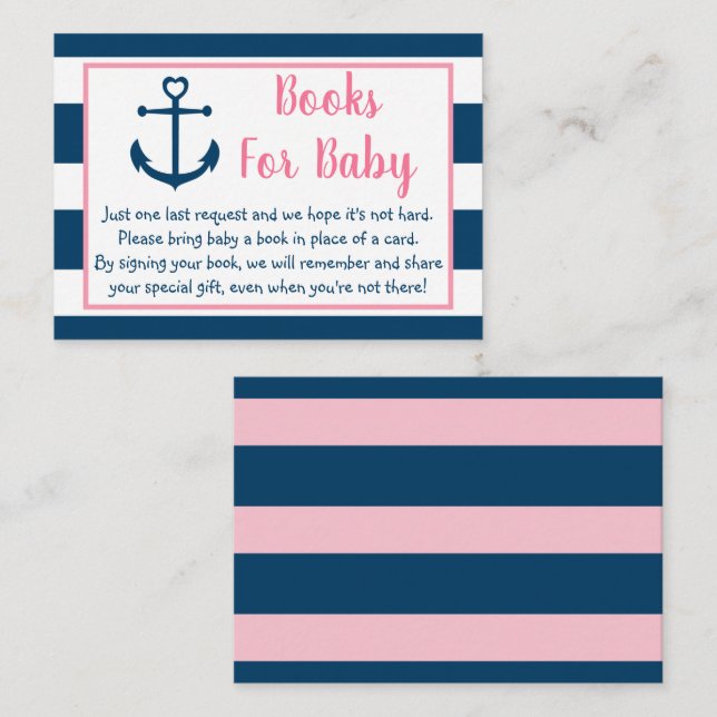 Pink Navy Nautical Anchor Baby Shower Book Request Enclosure Card (Front/Back)