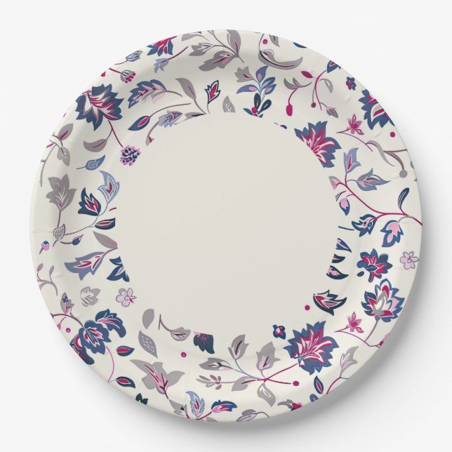 Pink & Navy Paisley Border Paper Plate (Front)