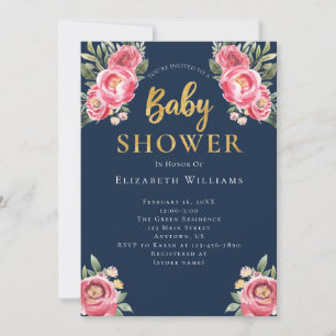 Pink Navy Peonies Watercolor Flowers Baby Shower Invitation