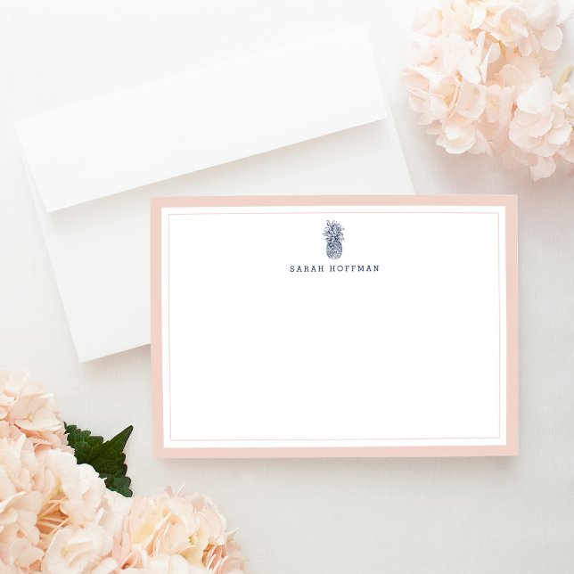 Pink & Navy Pineapple Personalised Stationery Flat Card (Creator Uploaded)