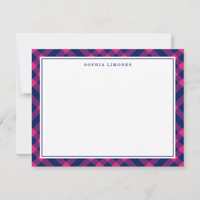 Pink & Navy Plaid Personalised Stationery Card (Front)