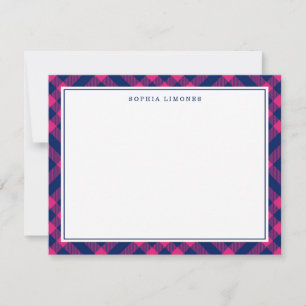Pink & Navy Plaid Personalised Stationery Card