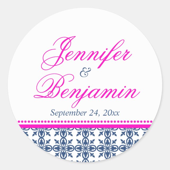 Pink navy preppy custom name wedding favour label (Front)