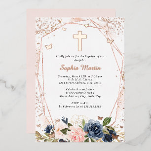Pink Navy Rose Gold Cross Floral Girl Baptism