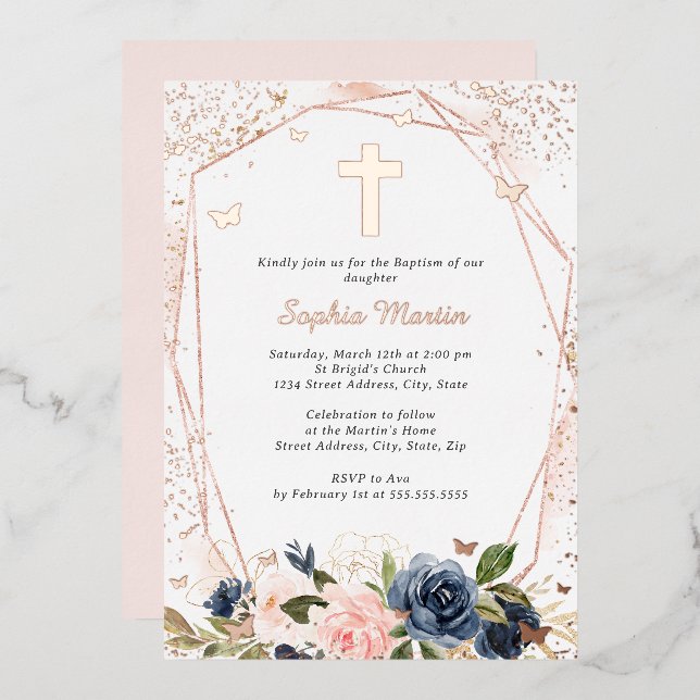 Pink Navy Rose Gold Cross Floral Girl Baptism  (Front/Back)