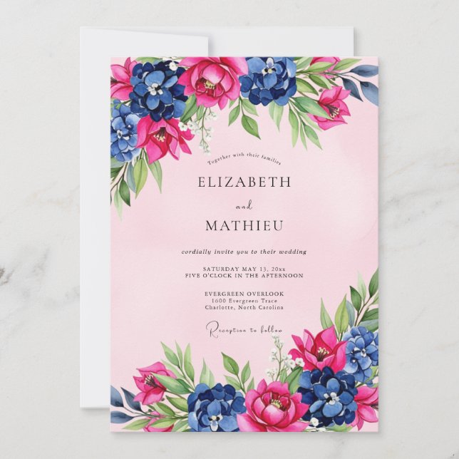 Pink Navy Splendid Floral Wedding Invitation (Front)
