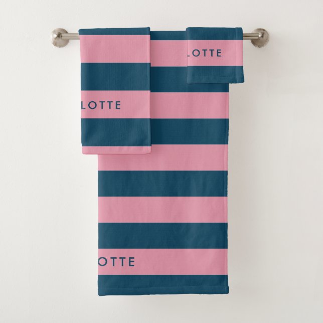 Pink Navy Stripe | Modern Trendy Preppy Name Bath Towel Set (Insitu)