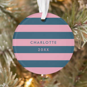 Pink Navy Stripe   Modern Trendy Preppy Name Ornament