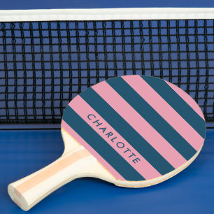 Pink Navy Stripe   Modern Trendy Preppy Name Ping Pong Paddle