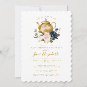 Pink Navy Tea Party A Baby is Brewing Baby Shower Invitation